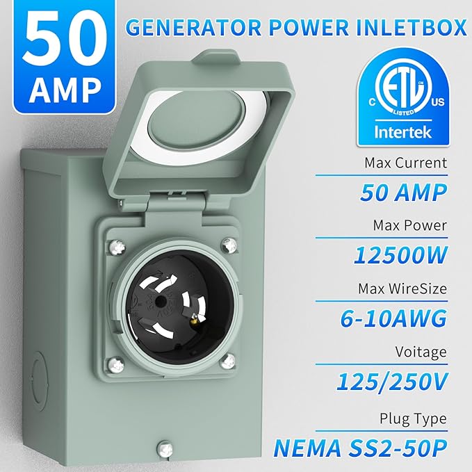 BEBOBLY Generator Inlet Box, 50 Amp NEMA PB50, SS2-50 Power Inlet Box for 3 Prong Generator Cord, 12500W 125/250V Receptacle for Outdoor Use, Generator Accessories,Weatherproof, ETL Listed