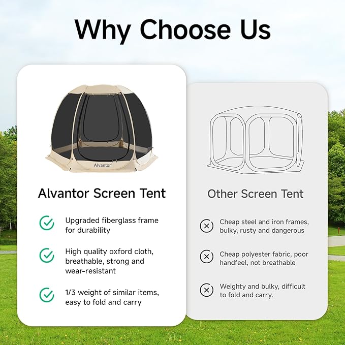 Alvantor Pop Up Screen House Tent, Instant Outdoor Gazebo with Mosquito Netting & UPF 50+ Sun Protection, Portable Canopy Shelter for Patio, Backyard, Camping (2-10 Person)