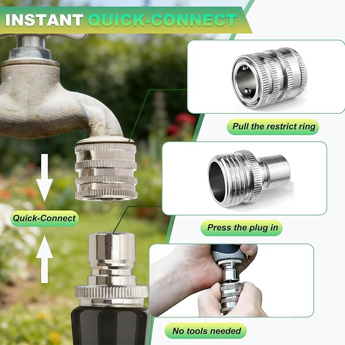 Stainless Steel Garden Hose Quick Connect Fittings Set, 3/4 Inch GHT Quick Connect Hose Fittings, Water Hose Quick Connect Fittings, Quick Release Connectors for Hoses and Sprayers (5PCS)