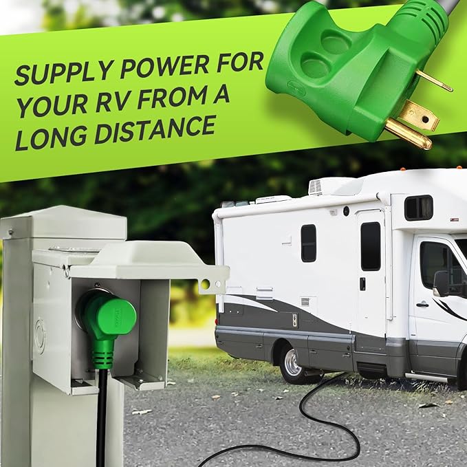 RVMATE 30 Amp 50 Feet RV Power Extension Cord with Easy Plug-in Handle, TT-30P to TT-30R, LED Indicator, 10 AWG, ETL Listed
