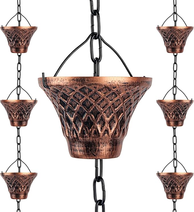 Rain Chains for Gutters Outside for Heavy Rain, 8.5FT Copper Rain Chain with 12 Cups, Adjustable Rain Catcher Chain with Chimes for Eaves Drainage, Replacement for Downspout, Outdoor Decor