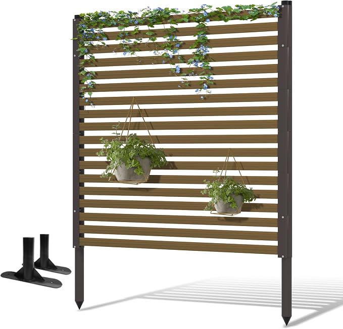 Outdoor Privacy Screen Freestanding with Base Feet,3.6ft×4ft Wood Grain Metal Decorative Privacy Fence Panels for Patio Backyard Garden,Dark Brown
