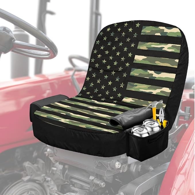 American Flag Riding Lawn Mower Seat Cover for Tractor Accessories Camo Tractor Seat Cover with Drink Pouch Compatible with John Deere Cub Cadet, for Kubota