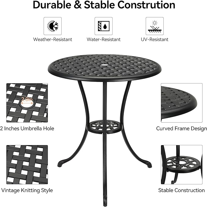 GarveeHome Patio Bistro Table, 24" Round Outdoor Coffee Table with 2" Umbrella Hole, Outdoor Cast Aluminum Bistro Table Side Table with Iron Frame for Balcony Backyard Lawn and Garden, Classic Black