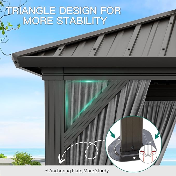 12 x 20 ft Hardtop Gazebo, Heavy Duty Galvanized Aluminum Frame Double Roof Outdoor Pavilion, Faux Wood Grain Metal Roof Gazebo with Netting & Privacy Curtains, Brown Patio Canopy Shelter for Backyard