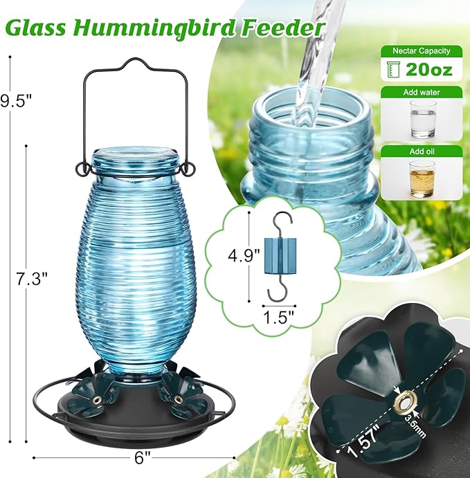 FEED GARDEN Glass Hummingbird Feeder for Outdoors Hanging, 20 OZ Humming Birds Feeders with 6 Bee Guard Feeding Ports & Built-in Ant Moat, Bird Feeder for Outside, Blue,1 Pack