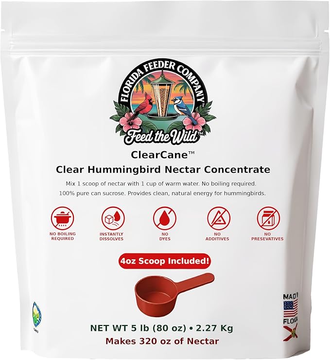Clear Hummingbird Nectar Powder Concentrate – Natural, Bird Safe Hummingbird Food – Pure Cane Sugar, No Dyes, Easy Mix, 5 lbs Makes 320 oz