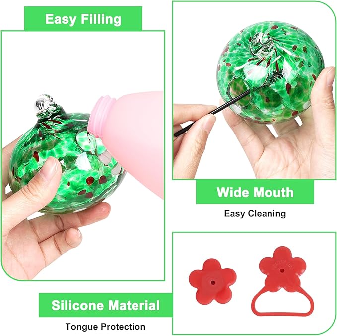 Wind Chimes Hanging Bird Feeders for Outdoors ＆ Bird Bath ＆ Hummingbird Feeders for Outdoors 3-in-1,Hand Blown Glass Hummingbird Feeder Balls,Detachable BirdBath(11in) Green-Chains