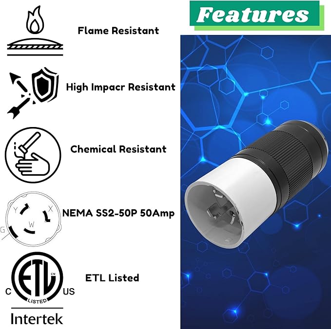 Sintron Generator Male Connector 50 Amp NEMA SS2-50P, USA/Canada Marine 4-Pin Straight Blade Plug, 3 Pole 4 Wire Grounding 125V/250V, ETL Listed, Twist Locking Plug 50A CS6365 12500 Watts