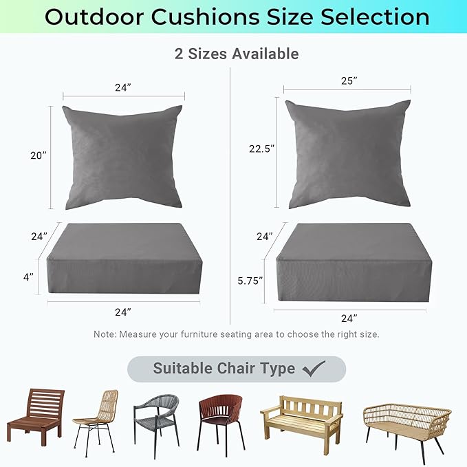 IPYNBAP Outdoor Cushions for Patio Furniture,Outdoor Seat Cushion Set 24 x 24 x 5.75 Inch,Waterproof & Fade Resistant Outdoor Chair Cushions,Deep Patio Chair Cushion with Removable Cover,Dark Grey