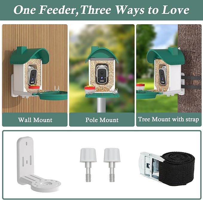 Bird Feeder with Camera, 3K Smart Bird Camera with AI Identification & Bird Bath, Solar Powered Wireless Outdoor Bird House with Spill-Proof Net, Ideal Backyard Bird Watching Gift to Bird Lovers