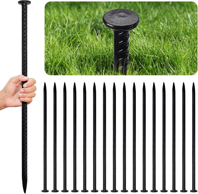 16 Inch Ground Spikes, Rebar Stakes, 1/2 Ground Stake, Galvanized Anchors, Metal Stakes for Ground (16Pcs, Black)