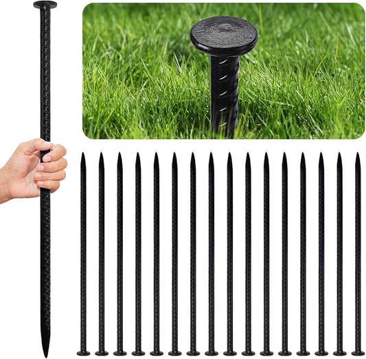 16 Inch Ground Spikes, Rebar Stakes, 1/2 Ground Stake, Galvanized Anchors, Metal Stakes for Ground (16Pcs, Black)