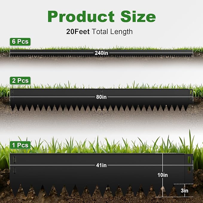 Upgraded Safe Black Steel Landscape Edging 20FT Kit (6-Pack) with Gloves -10 Inch Heavy-Gauge Rounded Edge Metal Garden Border for Lawn, Flower Bed & Raised Beds