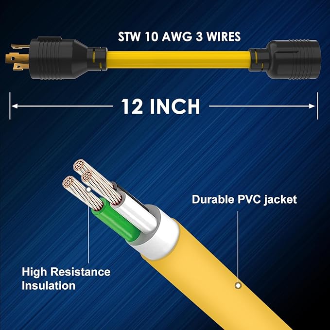 Plug and Play 30 AMP Generator Transfer Switch Adapter Cord, Heavy Duty STW 10 Gauge NEMA L5-30P Male to L14-30R Female, 3 Prong to 4 Prong Generator Adapter Plug Twist Lock to House Inlet Box