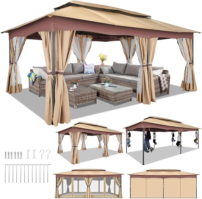 HOTEEL Gazebo 12x20, Outdoor Gazebo on Clearance with Double Ventilated Arc Roof, Privacy Curtains & Mosquito Netting, Easy Set up Canopy Tent with Stable Metal Frame for Patio Gazebo, Khaki