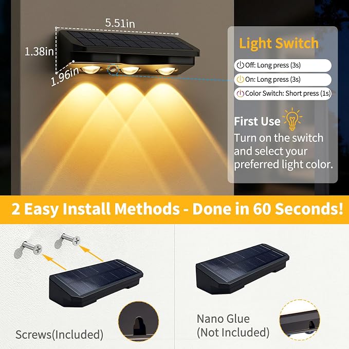 Solar Fence Lights Outdoor 8 Pack, Warm White & RGB Color Changing Fence Lights Solar Powered with Brighter LED Focus Lens, IP65 Waterproof Fence Lights Solar for Wall Deck Patio Porch Step Pool