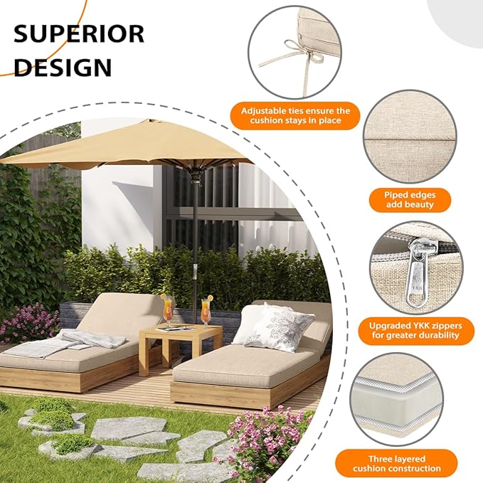 Sundale Outdoor Olefin Chaise Lounge Cushion, Water-Resistant Patio Lounge Chair Cushion, Thick Lounger Pad with 4 Straps Beige, 72 x 21 x 4 Inches