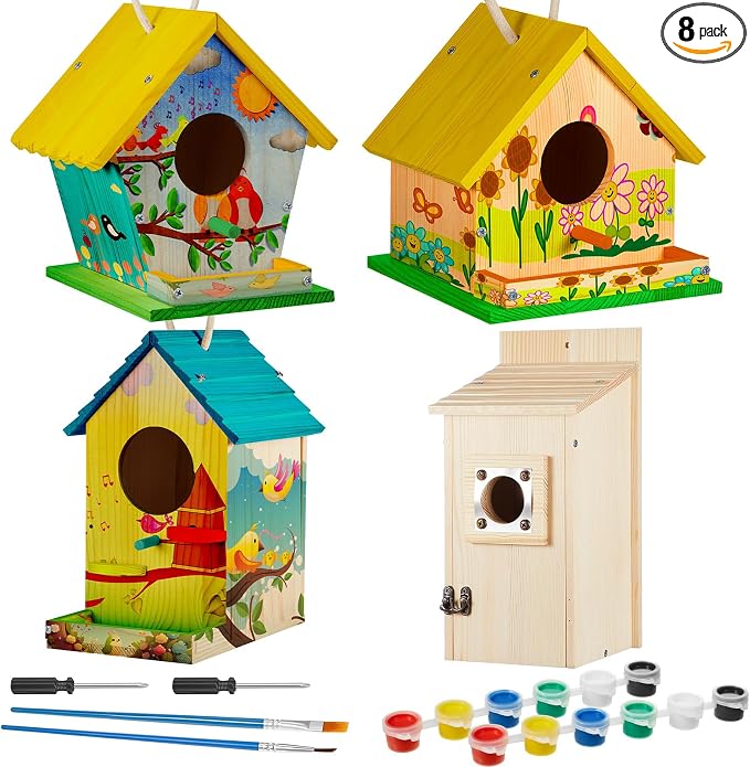 Liliful 8 Pack Birdhouse Crafts for Kids, Wooden Creative DIY Bird House Kits Arts and Crafts Set for Kids and Adults, Spring Birthday Gifts for Toddlers Ages (Playful Style)