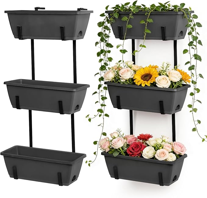 OYEAL Deck Railing Planters Vertical Garden Hanging Planter Boxes with Adjustable Brackets, Set of 2 Hanging Flower Pots for Railing Fence with 6 Plastic Planter Boxes, Grey