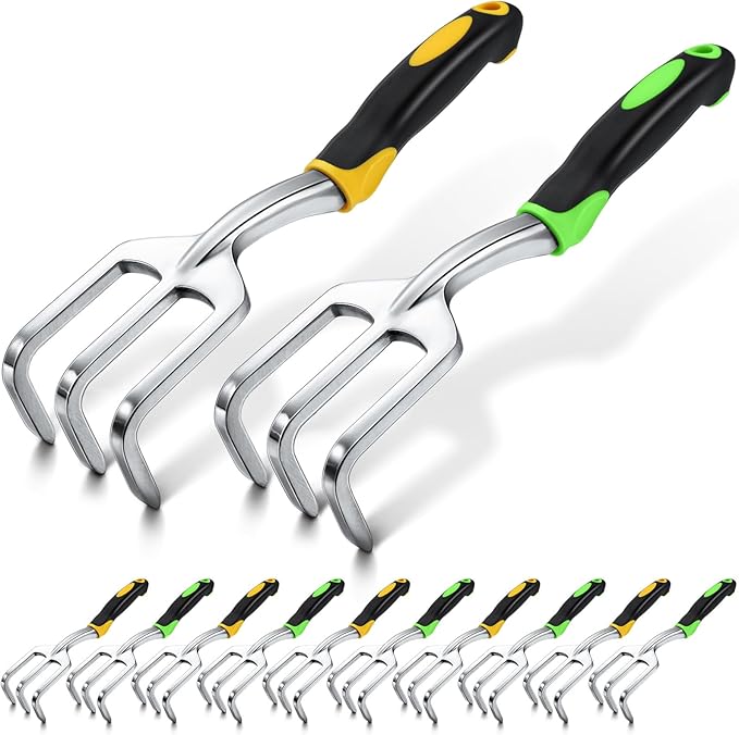 Yaocom 12 Pcs Hand Rake Garden Tool Mini Rake Heavy Duty Garden Cultivator 11 Inches Small Rake for Gardening Aluminum Alloy Hand Tiller with Soft TPR Handle for Digging Weeding Loosening Soil