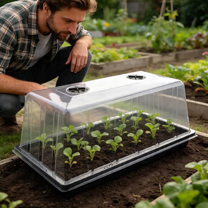 5 Pack 1020 Plant Tray with Tall Dome (7.3 inch), Plastic Flat Seed Starter Tray with Humidity Domes, Heavy Duty 1020 Trays with Lid, Durable Carrying Seedling Starting Tray for Planting (Black)