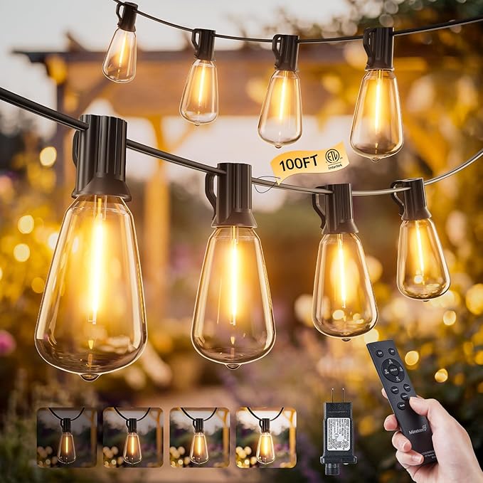 Minetom 100FT Outdoor String Lights with Remote, 46+2 Shatterproof ST38 LED Bulbs, Waterproof Patio Lights with 3 Modes, Dimmable & Connectable 2700K Hanging Lights for Backyard Porch Deck Balcony