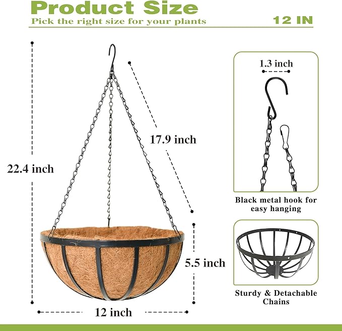 12 Inch Black Flat Iron Metal Hanging Planter Basket with Coco Coir Liner(2 Pack) Hanging Planters for Outdoor Plants Hanging Baskets for Plants Flower Pots for Deck Patio Porch Garden Balcony