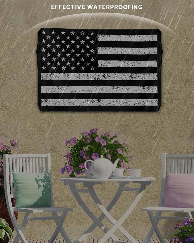 Black American Flag Outdoor TV Cover - 40-43 Inch Weatherproof, Black White Star Striped TV Enclosure with Zipper & Roll Up Front Flap