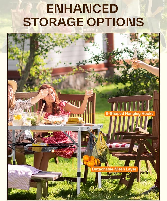 Sportneer Camping Table: Adjustable Height Small Folding Table 35.4" L x 23.6" W 2 Height with Mesh Layer - Compact & Portable Camping Essentials for Outdoor Camp Garden Picnic BBQ Dining Cooking