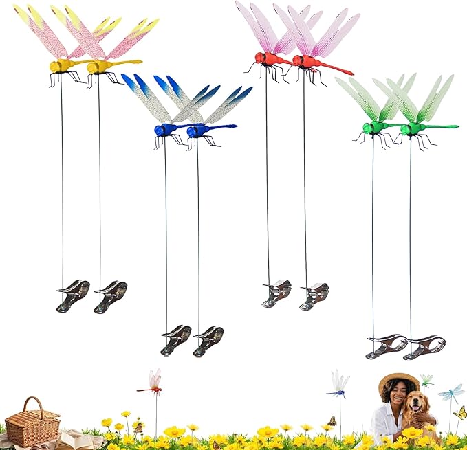 Jongdari 8pcs Dragonfly Hat Clip Realistic Fake Dragonflies Clip-On Garden Outdoor Decor Stakes Plastic Dragon Fly Clips Plant Decorations for Pot
