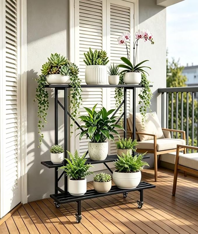 Zhongma 3 Tier Metal Heary Duty Plant Stand with Wheels, 35.43 L x 17.5 W x 38.6H . Space saving Plant Stand