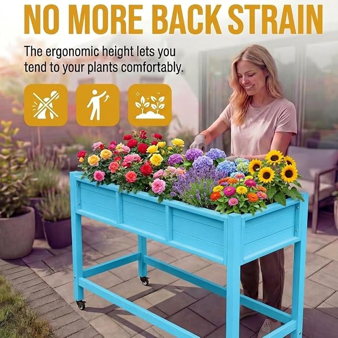 DWVO Raised Garden Bed HDPE with Wheels 47x18x31in Weather-Resistant Poly Wood Raised Planter Box Outdoor with Legs, Elevated Garden Bed for Patio Balcony Backyard, Blue