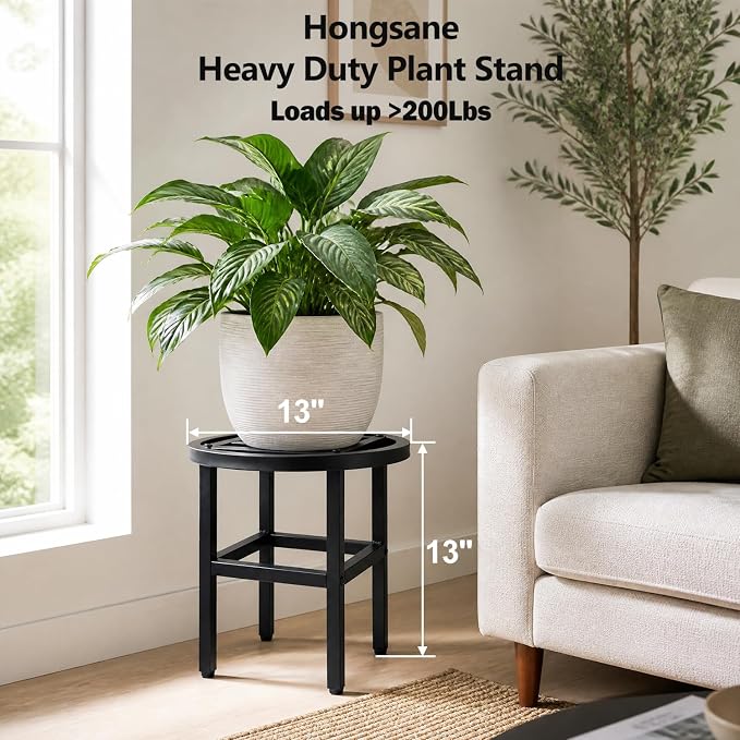 Plant Stand Indoor Outdoor,13" Round Metal Plant Stands Riser,Heavy Duty Wrought Iron Pedestal Holders for Large Flower Pot,Outside Rust-Proof Black Flower Display Shelf for Patio,2-Pack
