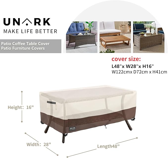 Outdoor Patio Coffee Table Cover, 600D Waterproof Heavy Duty Outdoor Table Cover, Patio Furniture Covers 48 x 28 x 16 inches Beige and Brown