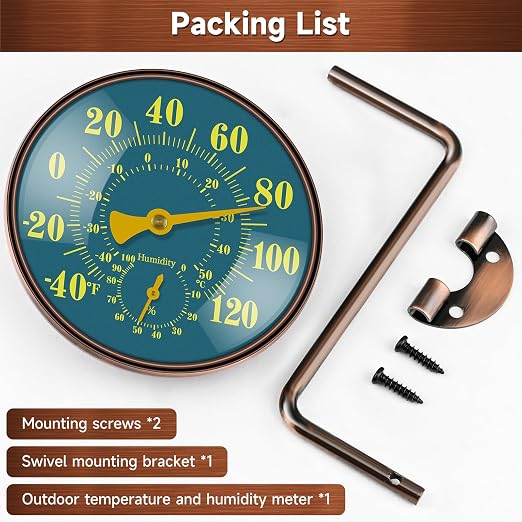 6 Inch Outdoor Thermometer Hygrometer, Large Brass Retro Patio Thermometer, Waterproof Temperature Gauge with Easy to Read Window for Home, Patio, Garden, Garage Wall Mount
