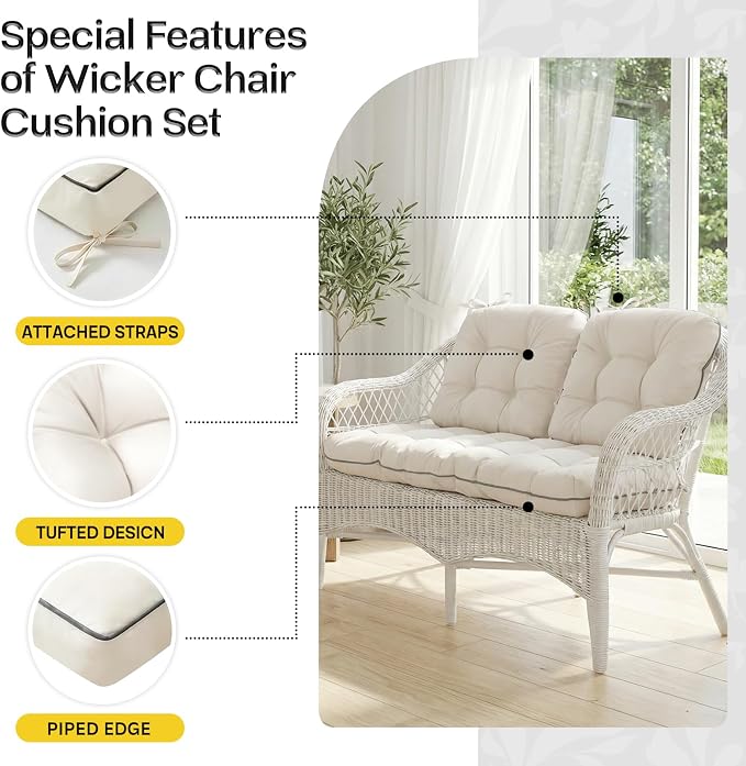 1 MIDDLE ONE Wicker Chair Cushions 3 Pieces Set for Outdoor Furniture, Replacement Patio Wicker Furniture Cushions, 1Pc Loveseat Cushion & 2Pcs Chair Cushions (Coffee)