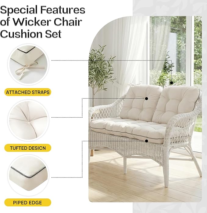 1 MIDDLE ONE Wicker Chair Cushions 3 Pieces Set for Outdoor Furniture, Replacement Patio Wicker Furniture Cushions, 1Pc Loveseat Cushion & 2Pcs Chair Cushions (Black)