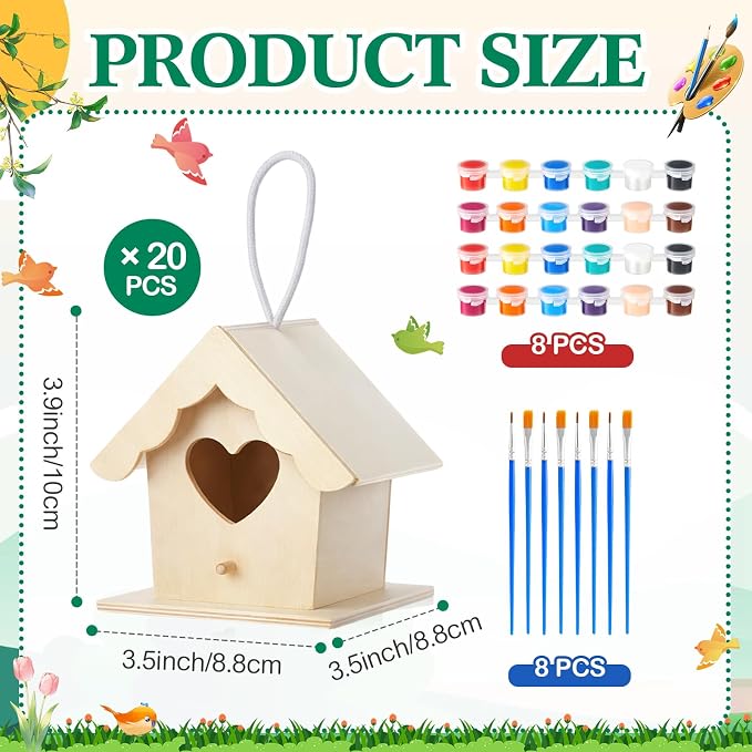 Joyfolk 20 Pcs 3.7" Wooden Heart Birdhouse Kits Valentines DIY Art Painting Bird House Craft Kit Unfinished Wood Bird Houses to Paint with Paints Brushes Gift for Garden Yard Projects Decor Gifts