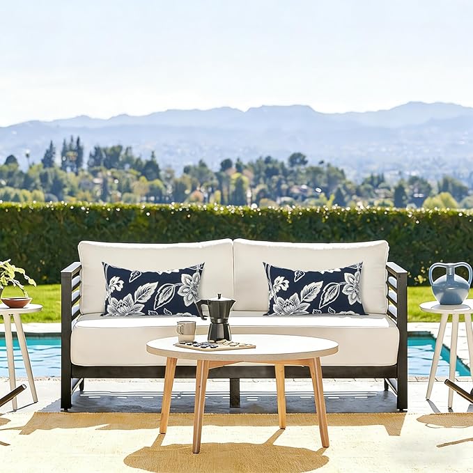 LVTXIII Outdoor/Indoor Lumbar Pillows, Decorative Patio Lumbar Cushions, Fluffy Water Repellent Garden Cushions for Home Patio Coach Sofa Use, 12×20 Inch, Pack of 2, Elegant Vines Navy