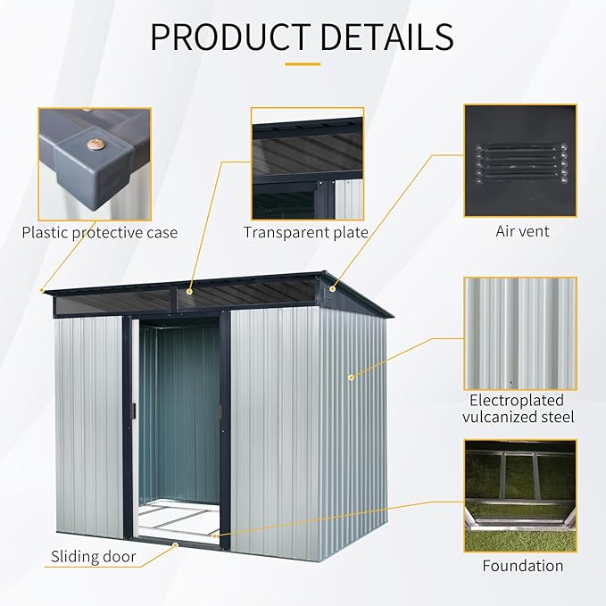 8x6 FT Outdoor Metal Storage Shed, Galvanized Steel Garden Shed, Foundation Frame, Ventilated Tool Storage House, Sloped Roof, Weather Resistant Backyard Shed for Lawn Equipment, White+Black