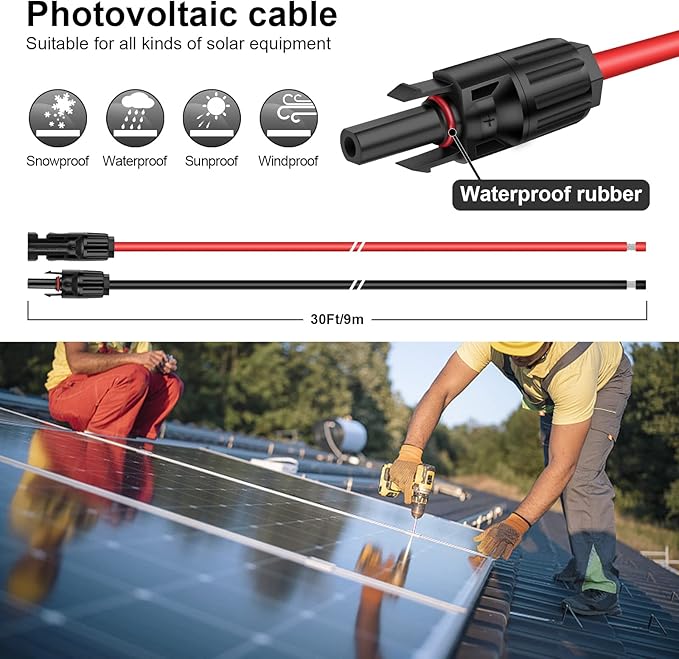 iGreely Solar Panel Extension Cable - 30 Feet 10AWG(6mm²) Solar Extension Cable with Female and Male Connector Solar Panel Wire Adapter (30FT Red + 30FT Black)