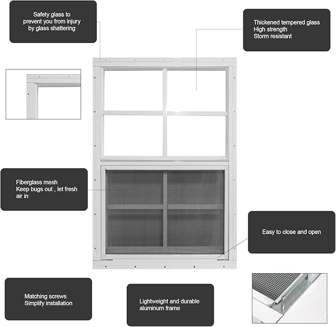 Yuzzy 24" x 36" Shed Windows with Tempered Glass and Fiberglass Screen, 2 Pack Small Sliding Windows for Shed, Chicken Coop, Playhouse, Household, Garage, Barns (White)