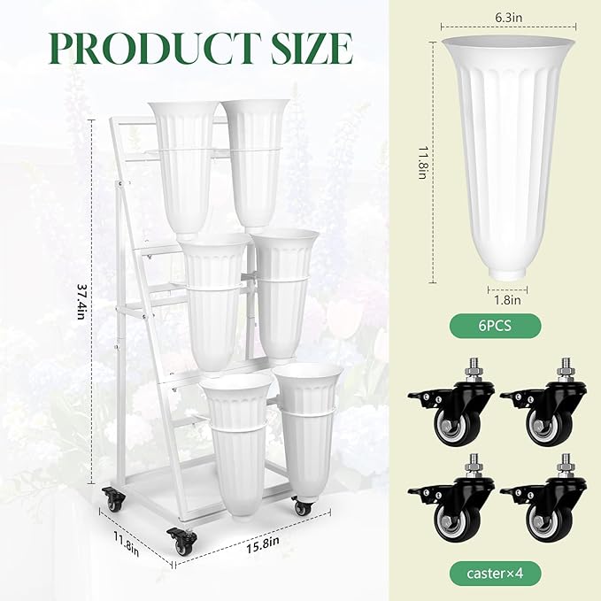 3FT Flower Display Stand with 6 Buckets,Metal Flower Bar Stand with Wheels,3 Layers Moving Florist Bouquet Shelf for Indoor Outdoor Garden,Flower Shop,Wedding,Party Decor (WHITE)