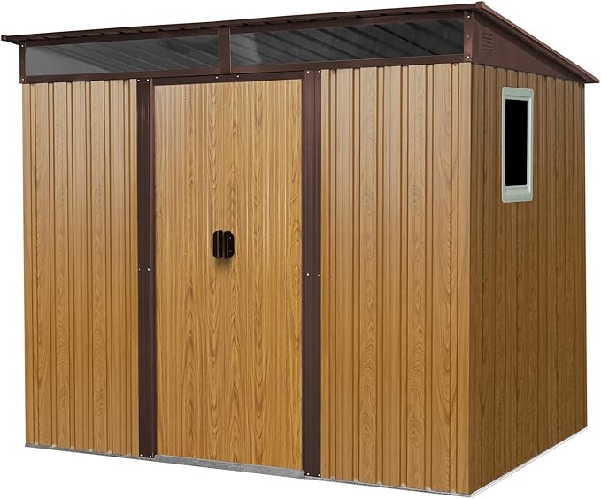 Ball & Cast 8x6 FT Outdoor Metal Storage Shed,Waterproof Garden Organizer Tool House with Window and Foundation,Shelter Cabinet w/ 2 Transparent Panels Vents & Lockable Sliding Door,for Patio,Coffee
