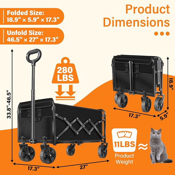 Wagons Carts Foldable, Collapsible Wagon, Folding Wagon Cart with Wheels, Wagons Carts Foldable 280 Lbs - Lightweight Portable Small Fold Up for Camping, Travel, Sports, Grocery, Shopping, Black