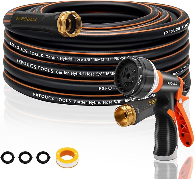 Heavy Duty Garden Hose – 5/8 Inch Flexible, Lightweight Hybrid Hose with 600 PSI Burst Pressure, Swivel Handle, and Durable Copper Male/Female Fittings (Black with hose sprayer, 50FT)