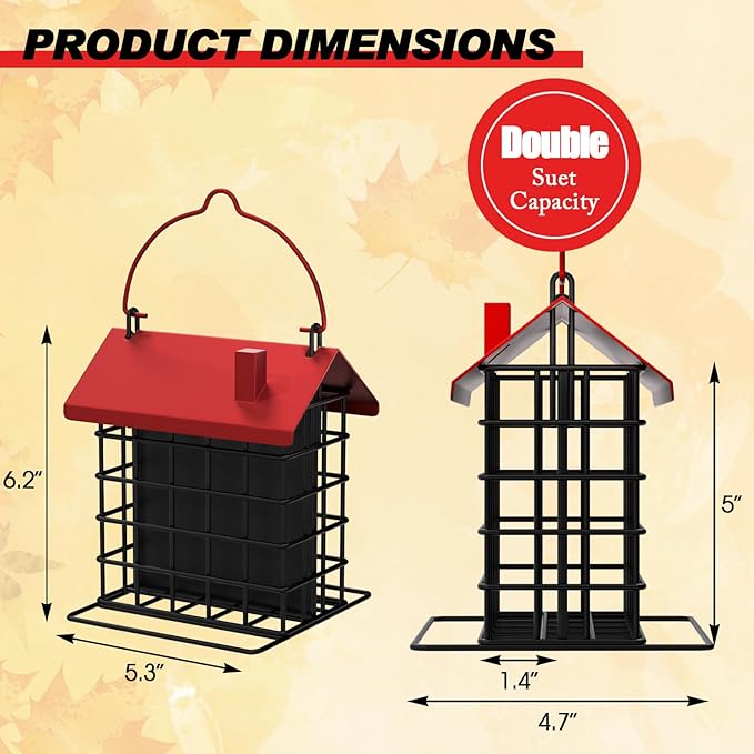 Gbekery All-Metal Double Suet Bird Feeder for Outdoors Hanging, Suet Cake Cage Holder with Weather-Resistant Roof & Perch for Outside Garden, Red