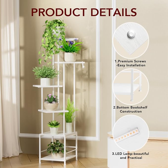 Homsorout Plant Stand Indoor with Grow Light - 6-Tier Metal Plant Shelf with Hanging Basket Hook, Corner Tall Flower Holder for Multiple Plants, Living Room Balcony Garden Patio, White