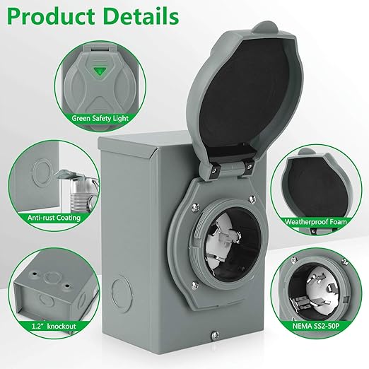 50 Amp Generator Power Inlet Box, ETL Listed NEMA SS2-50P Power Inlet Box for 3 Prong Generator Cord, 125/250 Volt, 12500 Watts Generator Transfer Switch Weatherproof, Outdoor Use
